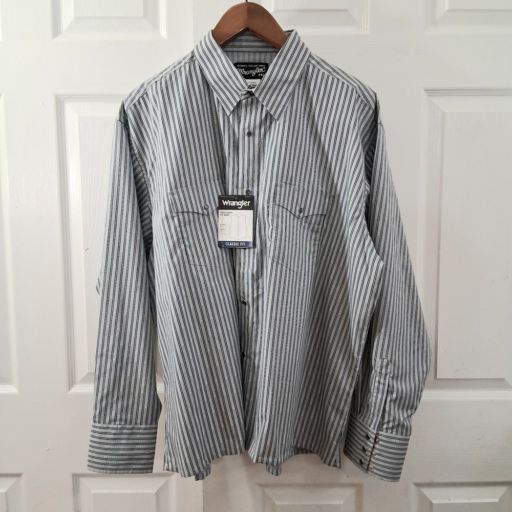 Wrangler Mens Western Shirt XXL NWT Gray Striped Pearl Snap Long Sleeve 75786GY
